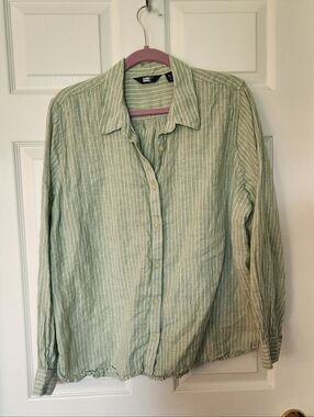 Lands' End Green and White Striped Linen Button Front Shirt